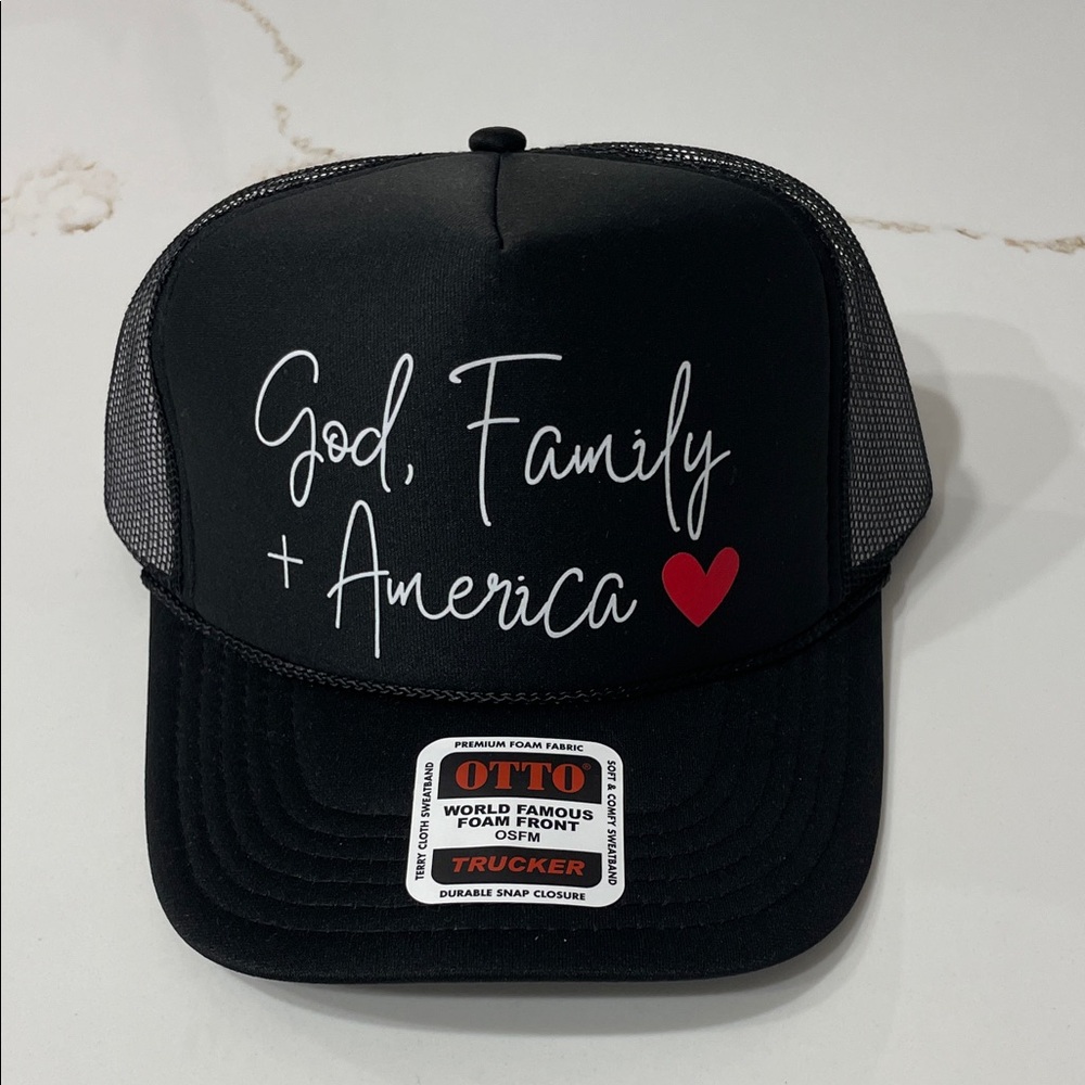 NWT GOD FAMILY + AMERICA Trucker Hat in Black with Heart and Script Design
